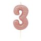 Glitter Number 3 Candle - Rose Gold